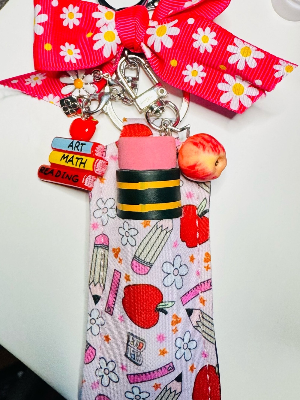Kids Pink Daisy Back to School Charm Lanyard with Pencil & Apple Charms